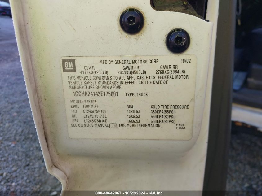 2003 Chevrolet Silverado 2500Hd VIN: 1GCHK24143E175001 Lot: 40642067