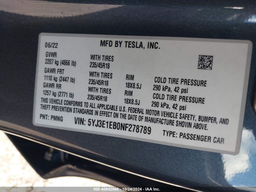 2022 Tesla Model 3 Long Range Dual Motor All-Wheel Drive VIN: 5YJ3E1EB0NF278789 Lot: 40642068