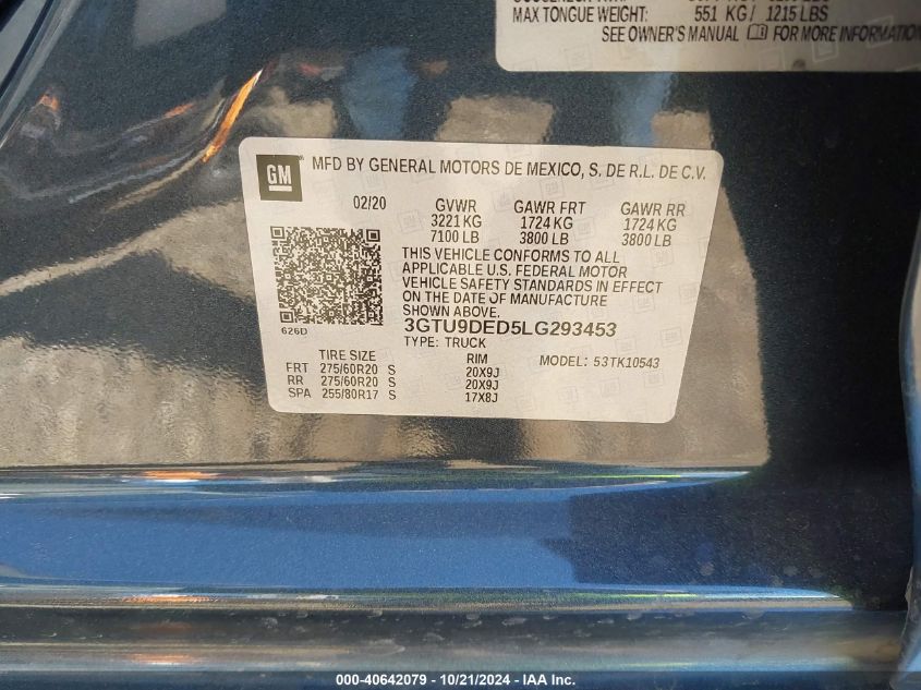 2020 GMC Sierra K1500 Slt VIN: 3GTU9DED5LG293453 Lot: 40642079