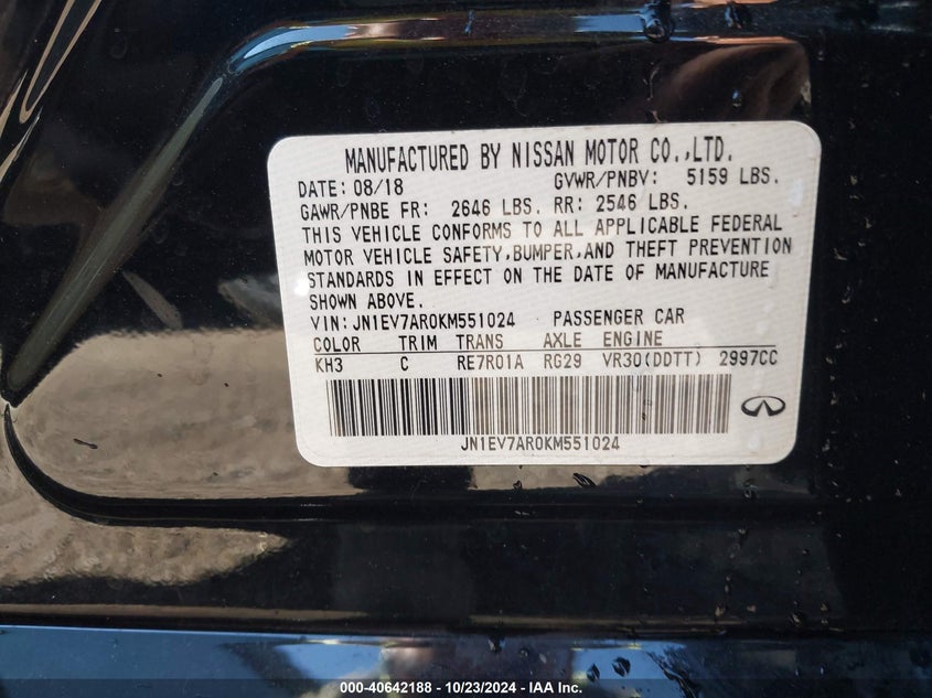 VIN JN1EV7AR0KM551024 2019 INFINITI Q50 3.0T LUXE