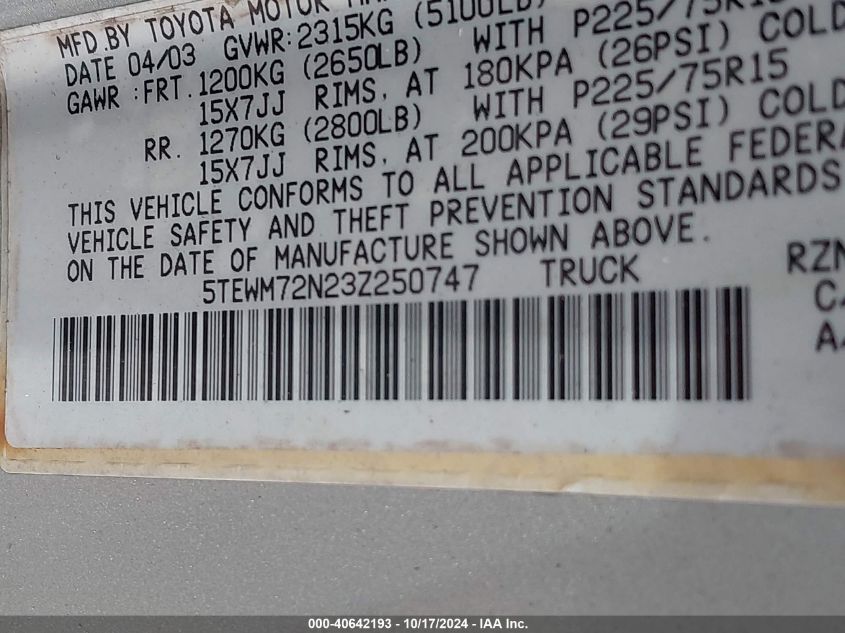 2003 Toyota Tacoma VIN: 5TEWM72N23Z250747 Lot: 40642193