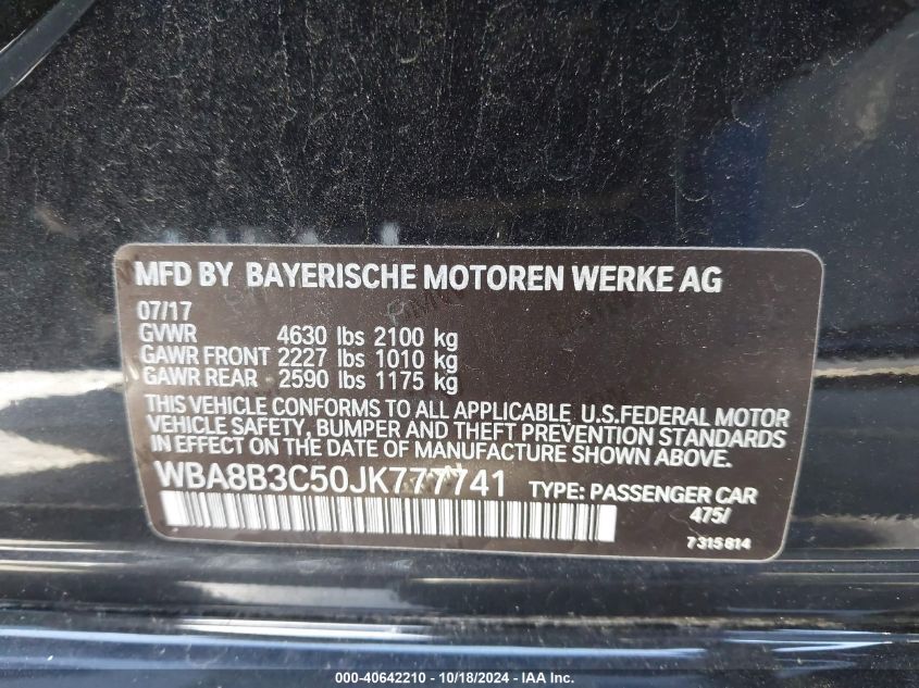 2018 BMW 340I VIN: WBA8B3C50JK777741 Lot: 40642210