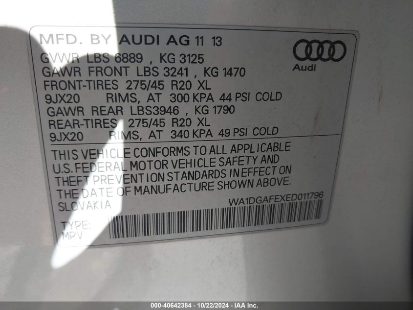 2014 Audi Q7 3.0T S Line Prestige VIN: WA1DGAFEXED011796 Lot: 40642384