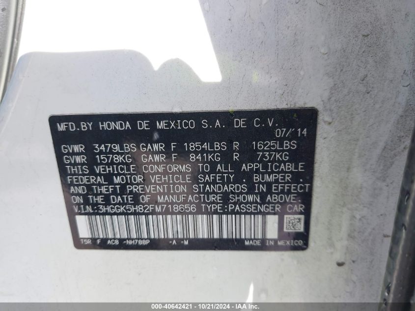 2015 Honda Fit Ex/Ex-L VIN: 3HGGK5H82FM718656 Lot: 40642421