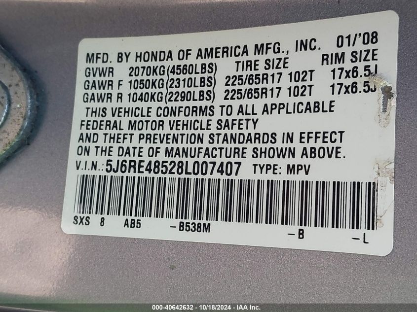 2008 Honda Cr-V Ex VIN: 5J6RE48528L007407 Lot: 40642632