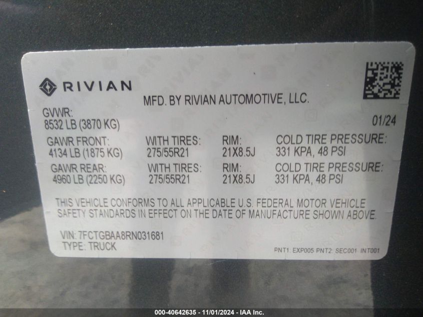 2024 Rivian R1T Adventure Dual Motor Large Pack/Adventure Dual Motor Perf Large Pack VIN: 7FCTGBAA8RN031681 Lot: 40642635