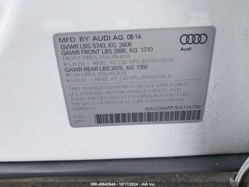 2014 Audi Q5 3.0 Tdi Premium Plus VIN: WA1CMAFP7EA124788 Lot: 40642644