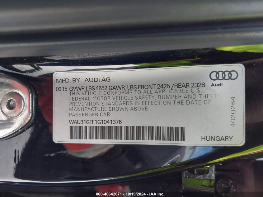 2016 Audi S3 2.0T Premium Plus VIN: WAUB1GFF1G1041376 Lot: 40642671