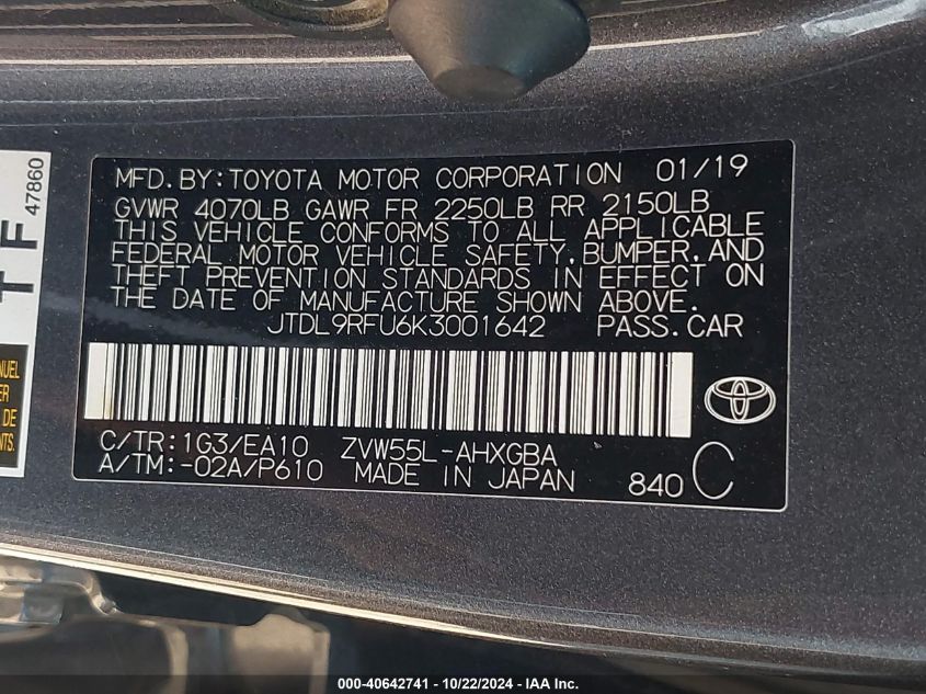 2019 Toyota Prius Xle VIN: JTDL9RFU6K3001642 Lot: 40642741