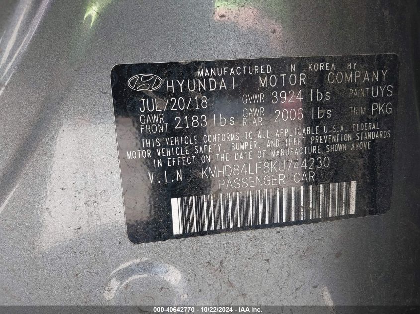 VIN KMHD84LF8KU744230 2019 HYUNDAI ELANTRA SEL