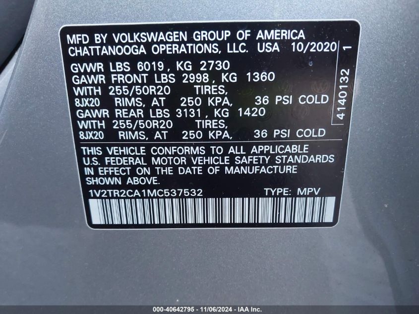 2021 Volkswagen Atlas 3.6L V6 Sel Premium VIN: 1V2TR2CA1MC537532 Lot: 40642795