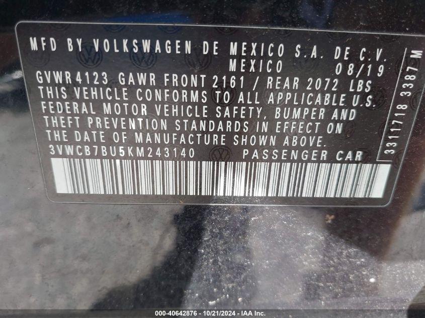 2019 Volkswagen Jetta 1.4T R-Line/1.4T S/1.4T Se VIN: 3VWCB7BU5KM243140 Lot: 40642876