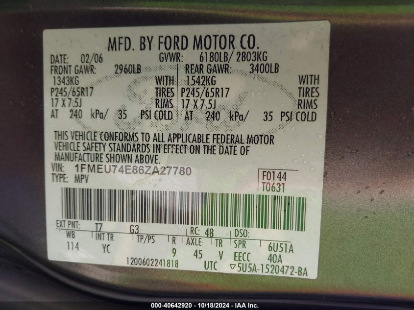 2006 Ford Explorer Eddie Bauer VIN: 1FMEU74E86ZA27780 Lot: 40642920
