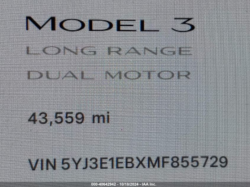 2021 Tesla Model 3 Long Range Dual Motor All-Wheel Drive VIN: 5YJ3E1EBXMF855729 Lot: 40642942