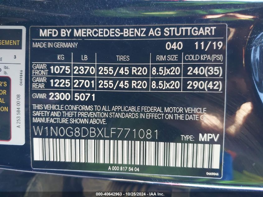 2020 Mercedes-Benz Glc 300 VIN: W1N0G8DBXLF771081 Lot: 40642963