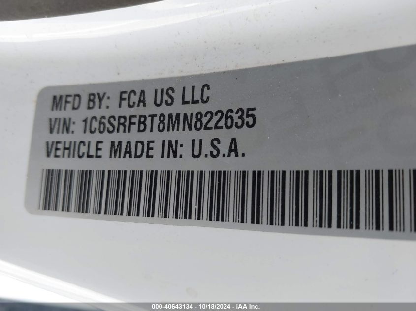 2021 Ram 1500 Big Horn 4X4 6'4 Box VIN: 1C6SRFBT8MN822635 Lot: 40643134