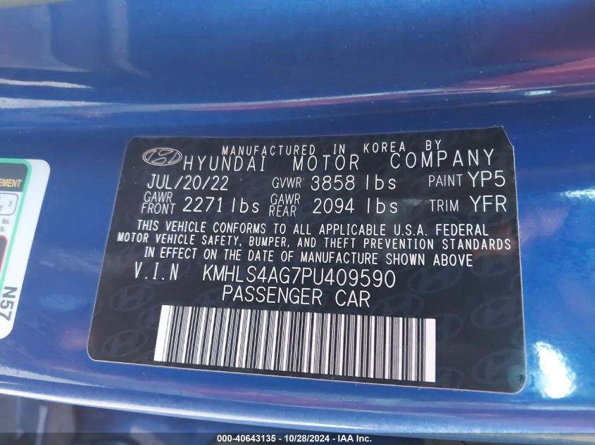 2023 Hyundai Elantra Sel VIN: KMHLS4AG7PU409590 Lot: 40643135