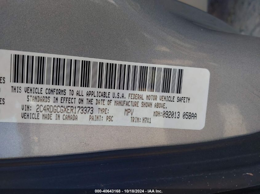 2014 Dodge Grand Caravan Sxt VIN: 2C4RDGCGXER173373 Lot: 40643168