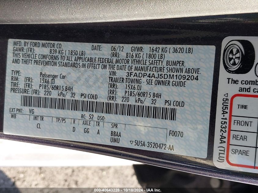 2013 Ford Fiesta S VIN: 3FADP4AJ5DM109204 Lot: 40643228