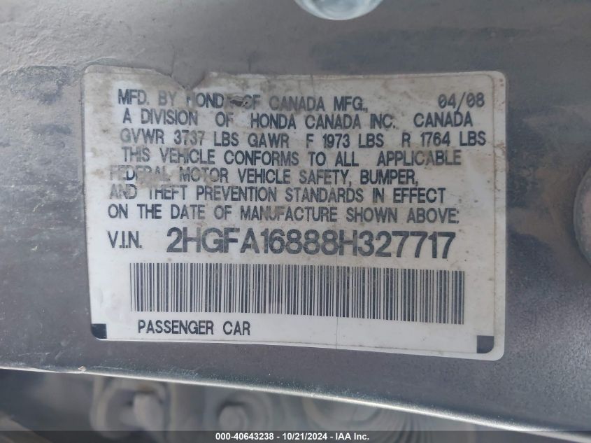 2008 Honda Civic Ex VIN: 2HGFA16888H327717 Lot: 40643238