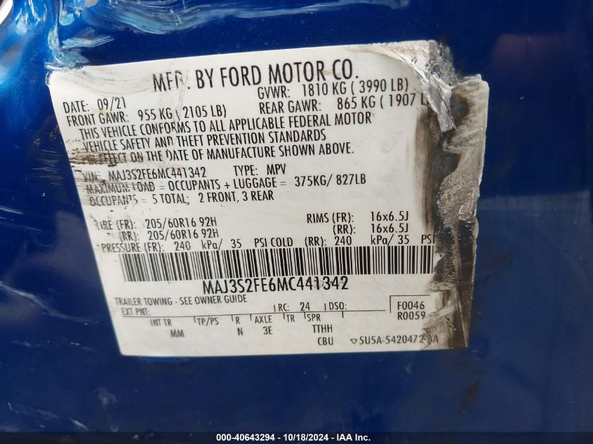 2021 Ford Ecosport S VIN: MAJ3S2FE6MC441342 Lot: 40643294