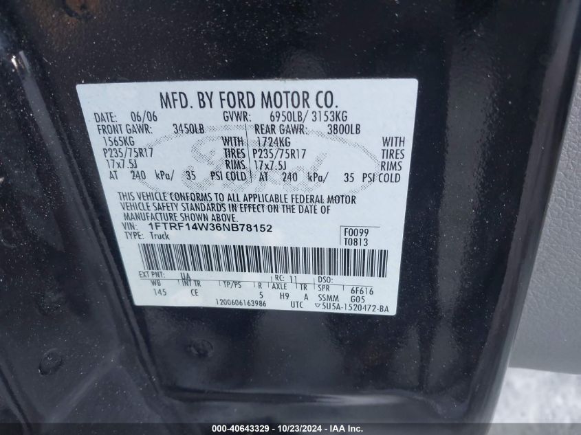 2006 Ford F-150 Stx/Xl/Xlt VIN: 1FTRF14W36NB78152 Lot: 40643329