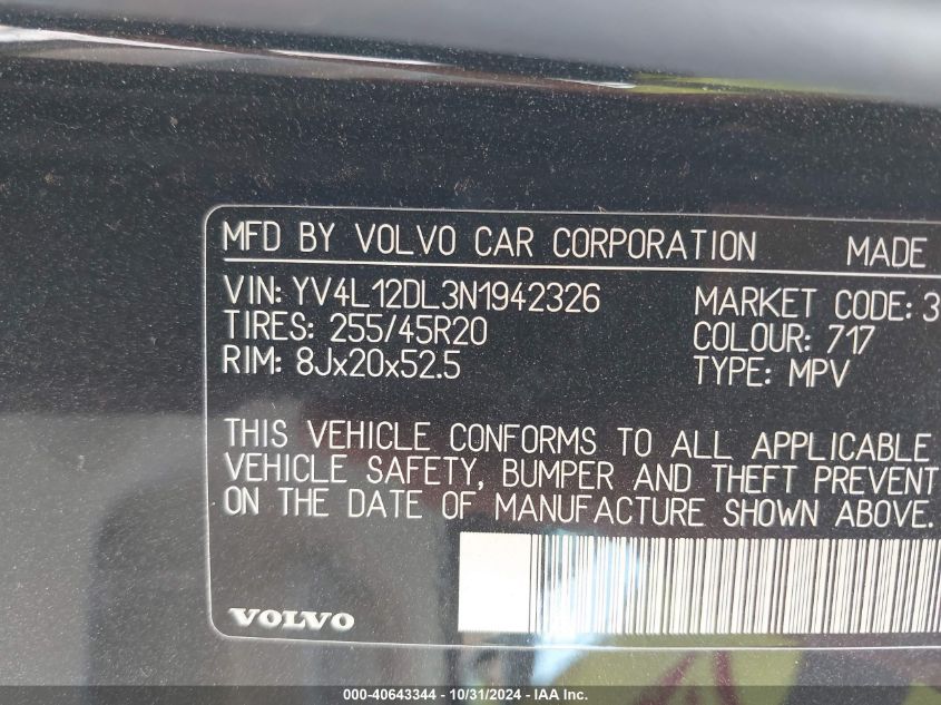 VIN YV4L12DL3N1942326 2022 Volvo XC60, B5 Inscription no.9