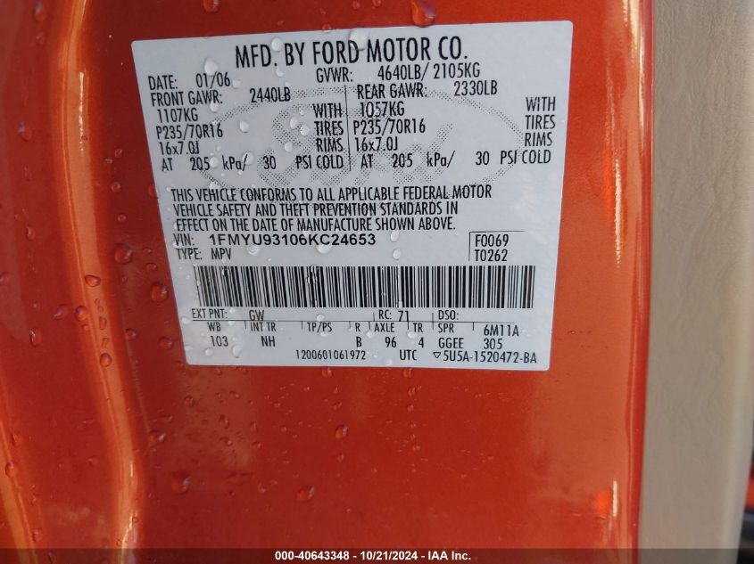 2006 Ford Escape Xlt/Xlt Sport VIN: 1FMYU93106KC24653 Lot: 40643348