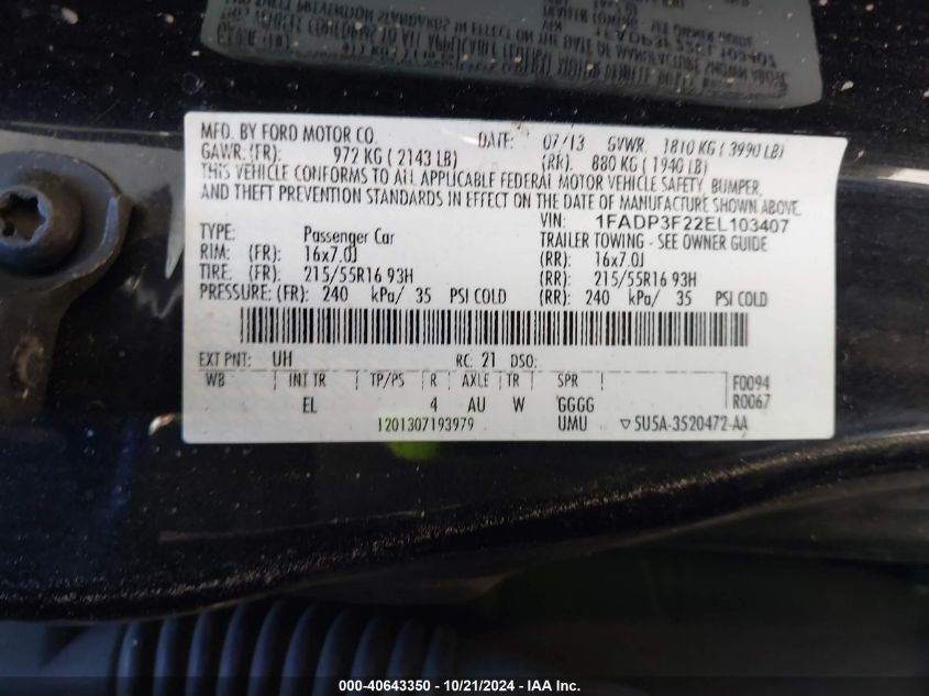 2014 FORD FOCUS SE - 1FADP3F22EL103407