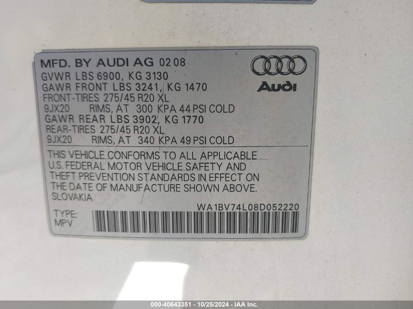 2008 Audi Q7 4.2 Premium VIN: WA1BV74L08D052220 Lot: 40643351