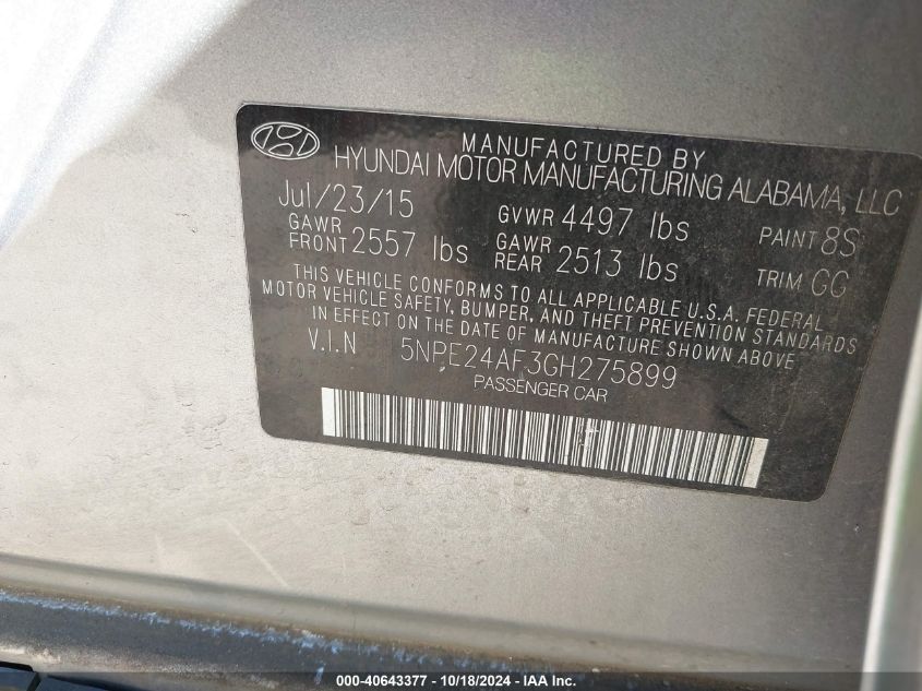 2016 HYUNDAI SONATA SE - 5NPE24AF3GH275899