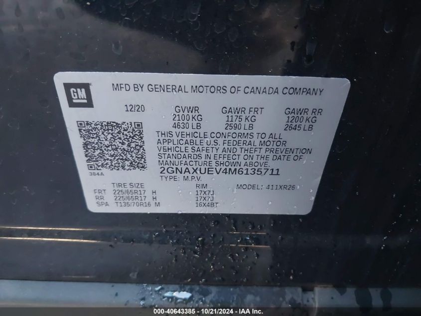 VIN 2GNAXUEV4M6135711 2021 CHEVROLET EQUINOX AWD LT