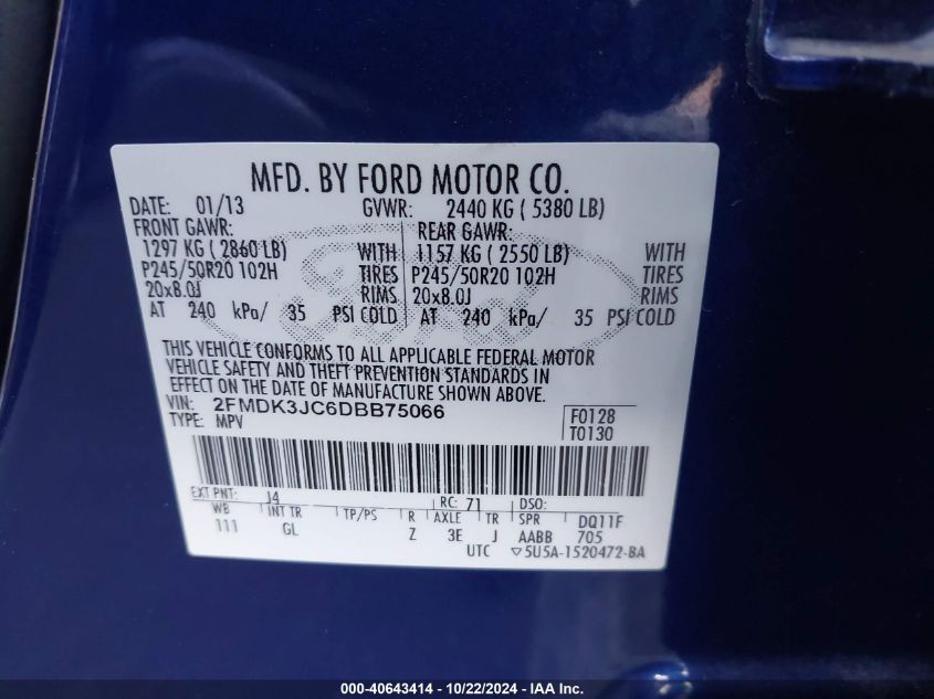 2013 Ford Edge Sel VIN: 2FMDK3JC6DBB75066 Lot: 40643414