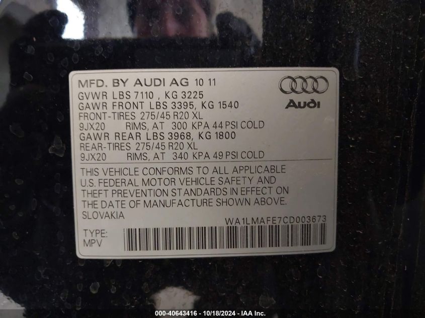 2012 Audi Q7 3.0 Tdi Premium VIN: WA1LMAFE7CD003673 Lot: 40643416