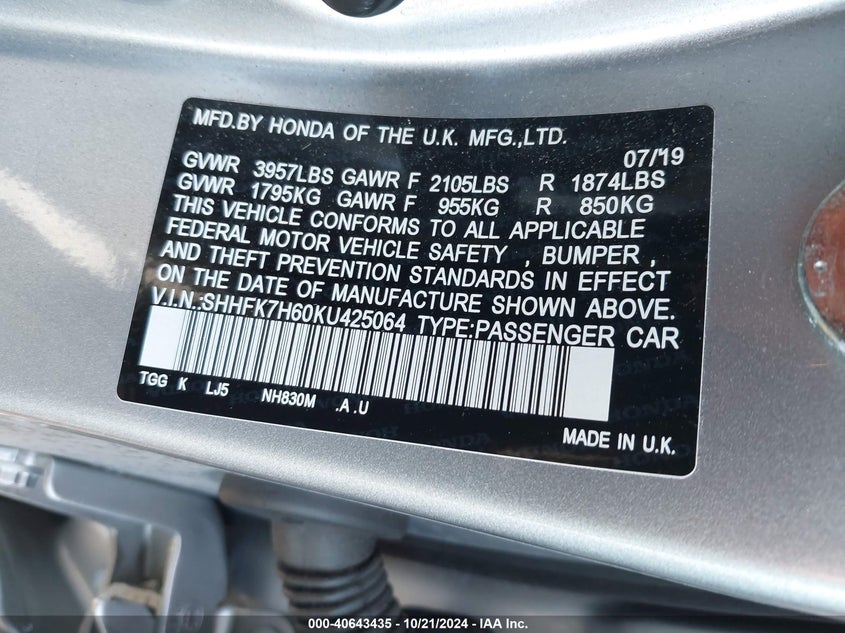 VIN SHHFK7H60KV425064 2019 HONDA CIVIC EX