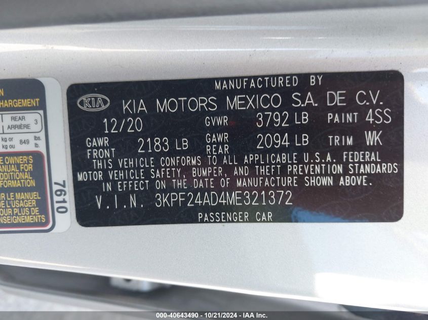 2021 KIA FORTE 2.0L I-4 DOHC, VVT, (VIN: 3KPF24AD4ME321372