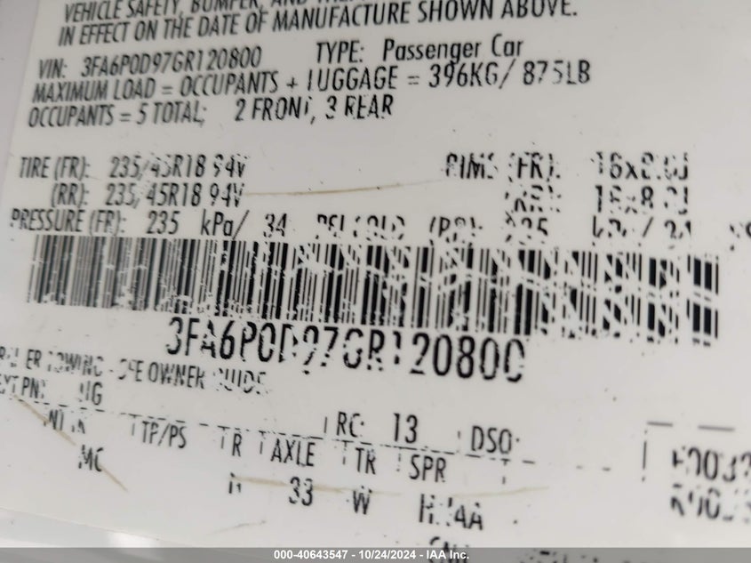 2016 FORD FUSION VIN: 3FA6P0D97GR120800