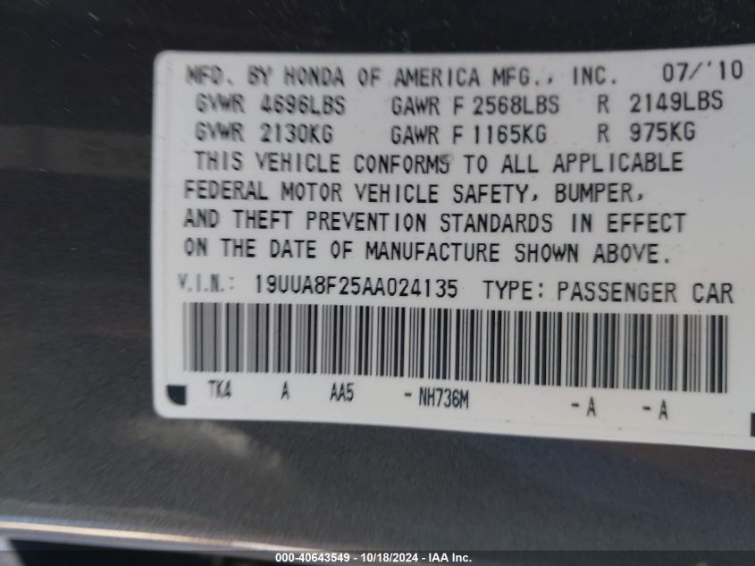 2010 Acura Tl 3.5 VIN: 19UUA8F25AA024135 Lot: 40643549