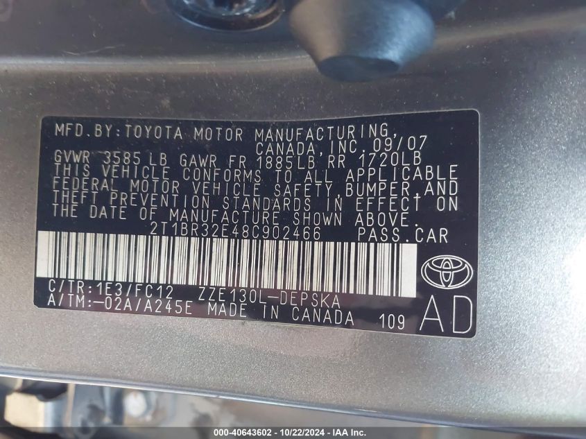 2008 Toyota Corolla S VIN: 2T1BR32E48C902466 Lot: 40643602