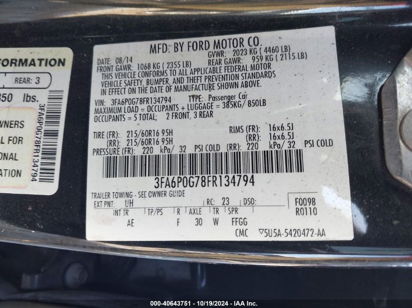 VIN 3FA6P0G78FR134794 2015 Ford Fusion, S no.9