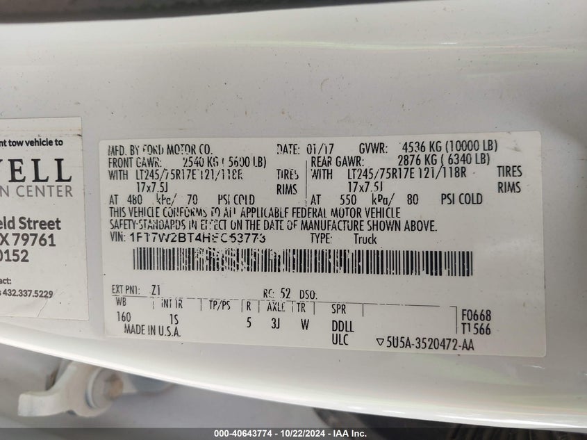 2017 Ford F-250 Xl VIN: 1FT7W2BT4HEC53773 Lot: 40643774