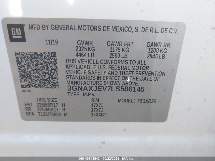 2020 Chevrolet Equinox Fwd 2Fl VIN: 3GNAXJEV7LS586145 Lot: 40643843