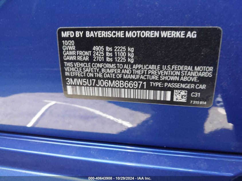 2021 BMW 3 Series M340I VIN: 3MW5U7J06M8B66971 Lot: 40643908