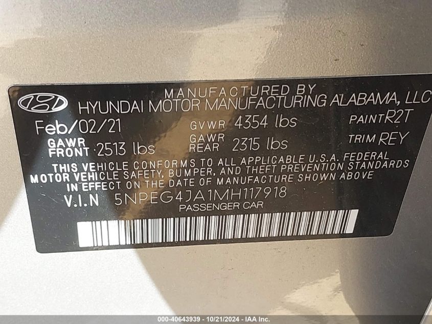 2021 Hyundai Sonata Se VIN: 5NPEG4JA1MH117918 Lot: 40643939