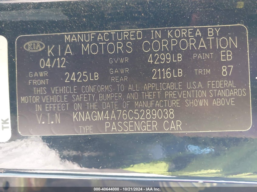 2012 KIA OPTIMA VIN: KNAGM4A76C5289038