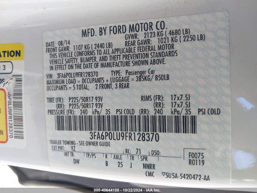 VIN 3FA6P0LU9FR128370 2015 Ford Fusion, Hybrid SE no.9