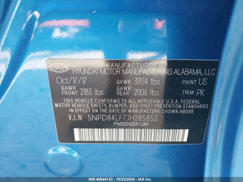 Auction sale of the 2018 HYUNDAI ELANTRA , vin: 5NPD84LF7JH285852, lot number: 40644133