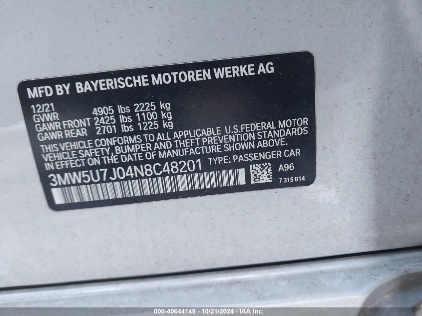 2022 BMW M340I VIN: 3MW5U7J04N8C48201 Lot: 40644149