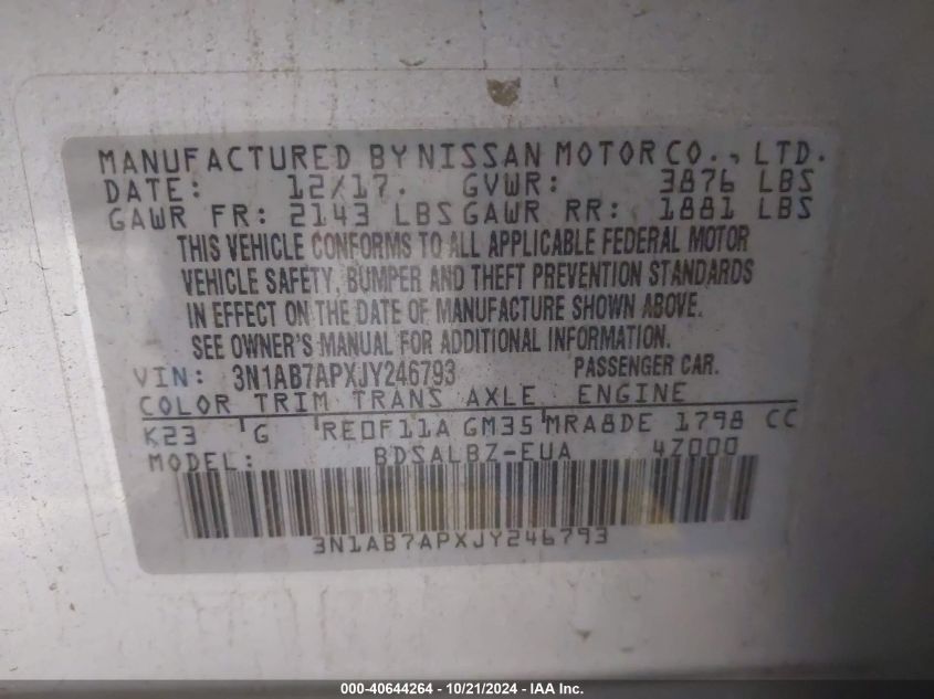 VIN 3N1AB7APXJY246793 2018 Nissan Sentra, S no.9