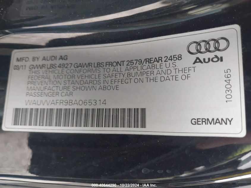 2011 Audi S5 4.2 Premium Plus VIN: WAUVVAFR9BA065314 Lot: 40644290